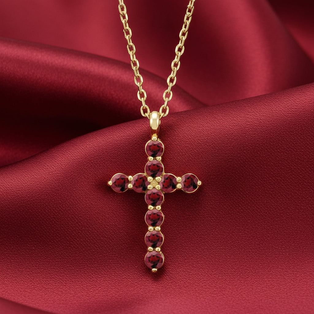 14K Yellow Mozambique Garnet Cross 16-18" Necklace