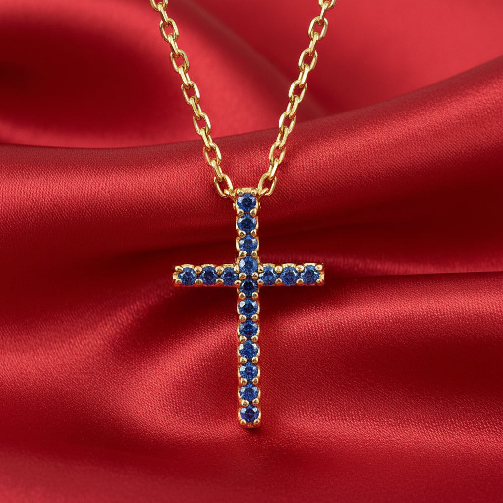 14K Yellow Natural Blue Sapphire Petite Cross 16" Necklace