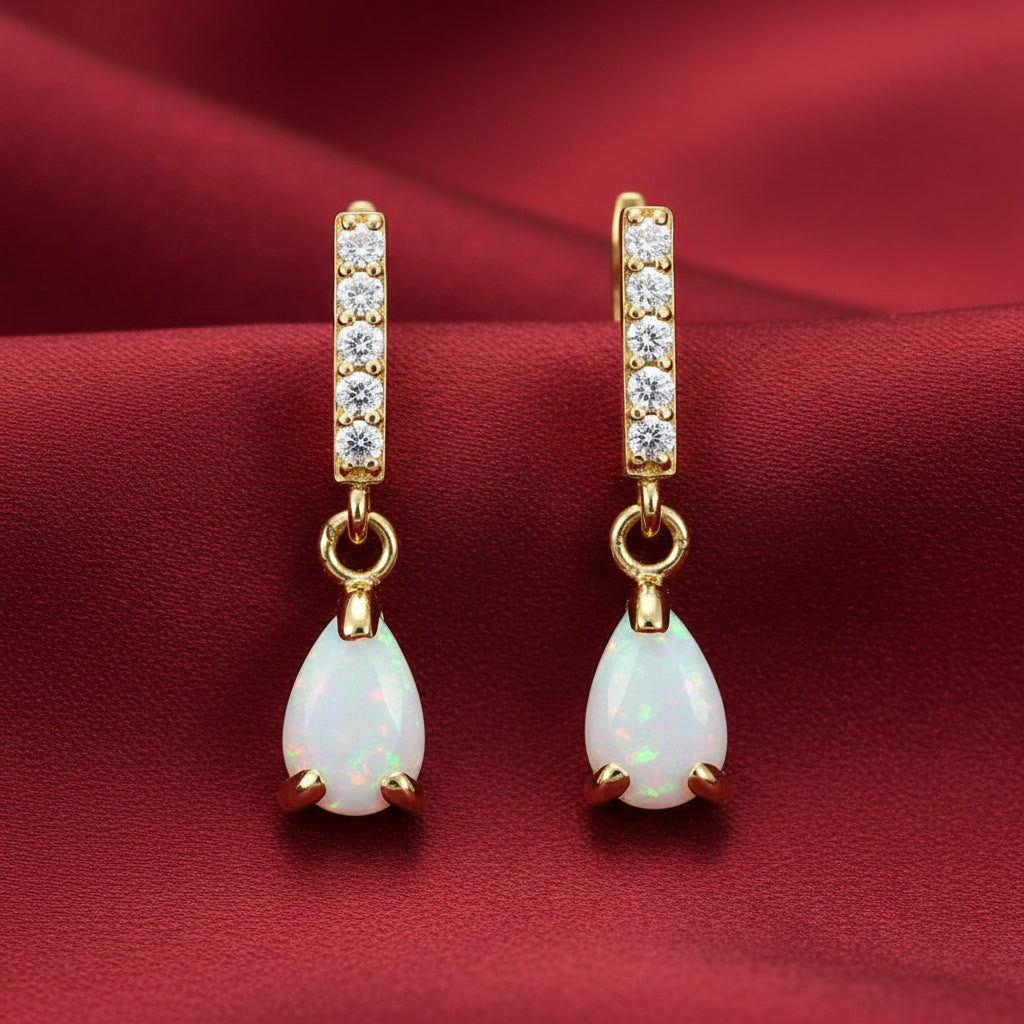 14K Yellow Natural White Opal & Natural Diamond Earrings