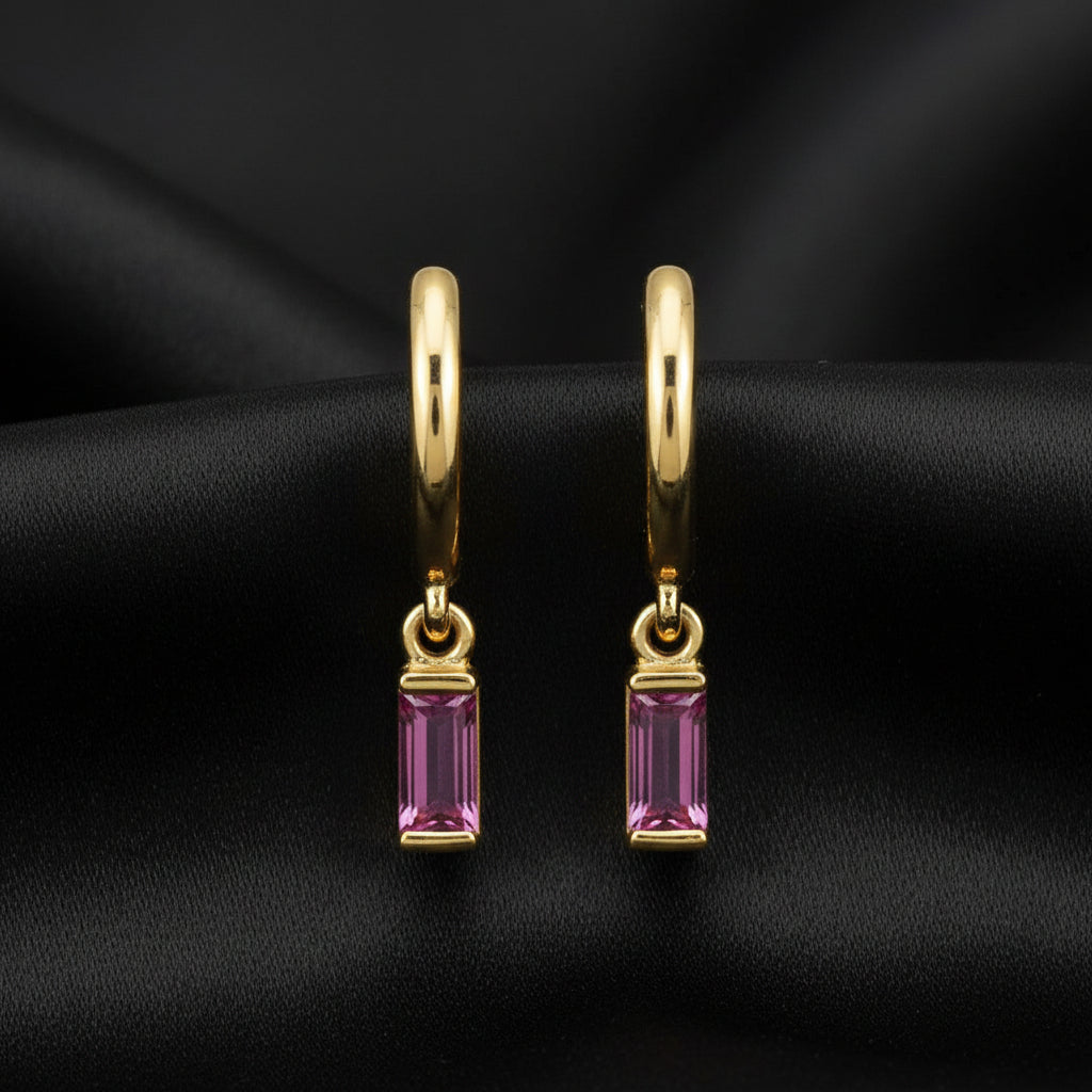 14K Yellow Pink Tourmaline Hoop Earrings