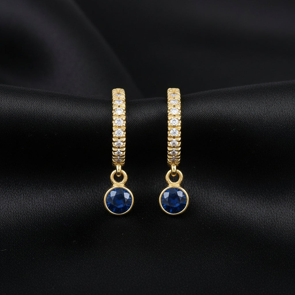 14K Yellow Blue Sapphire & Diamond French-Set Hoop Earrings