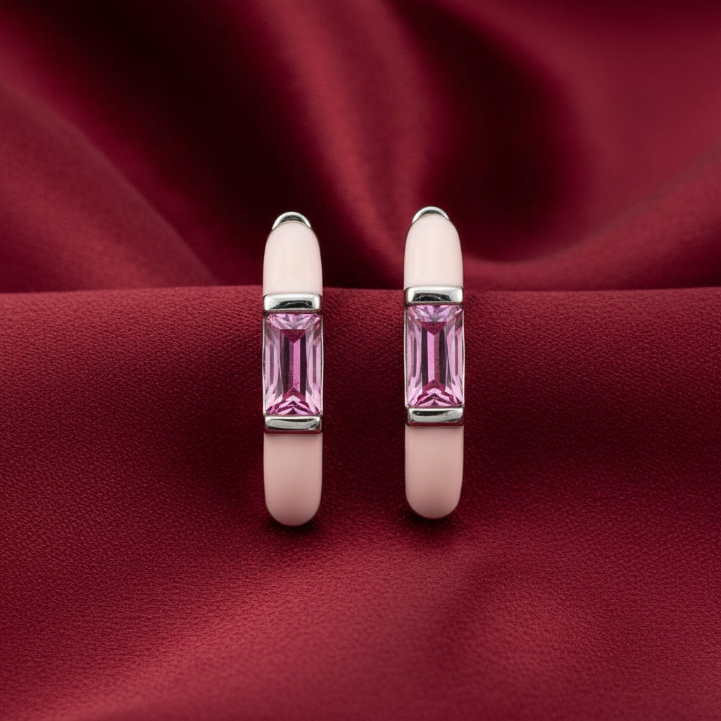 14K White Pink Tourmaline & Pink Enamel Hinged Hoop Earrings