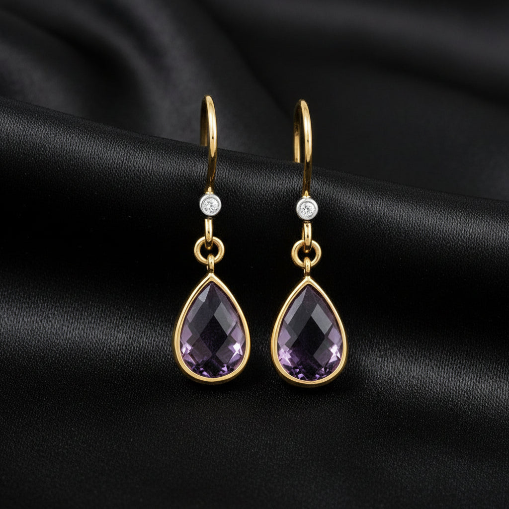 14K Yellow/White Natural Amethyst & Diamond Earrings