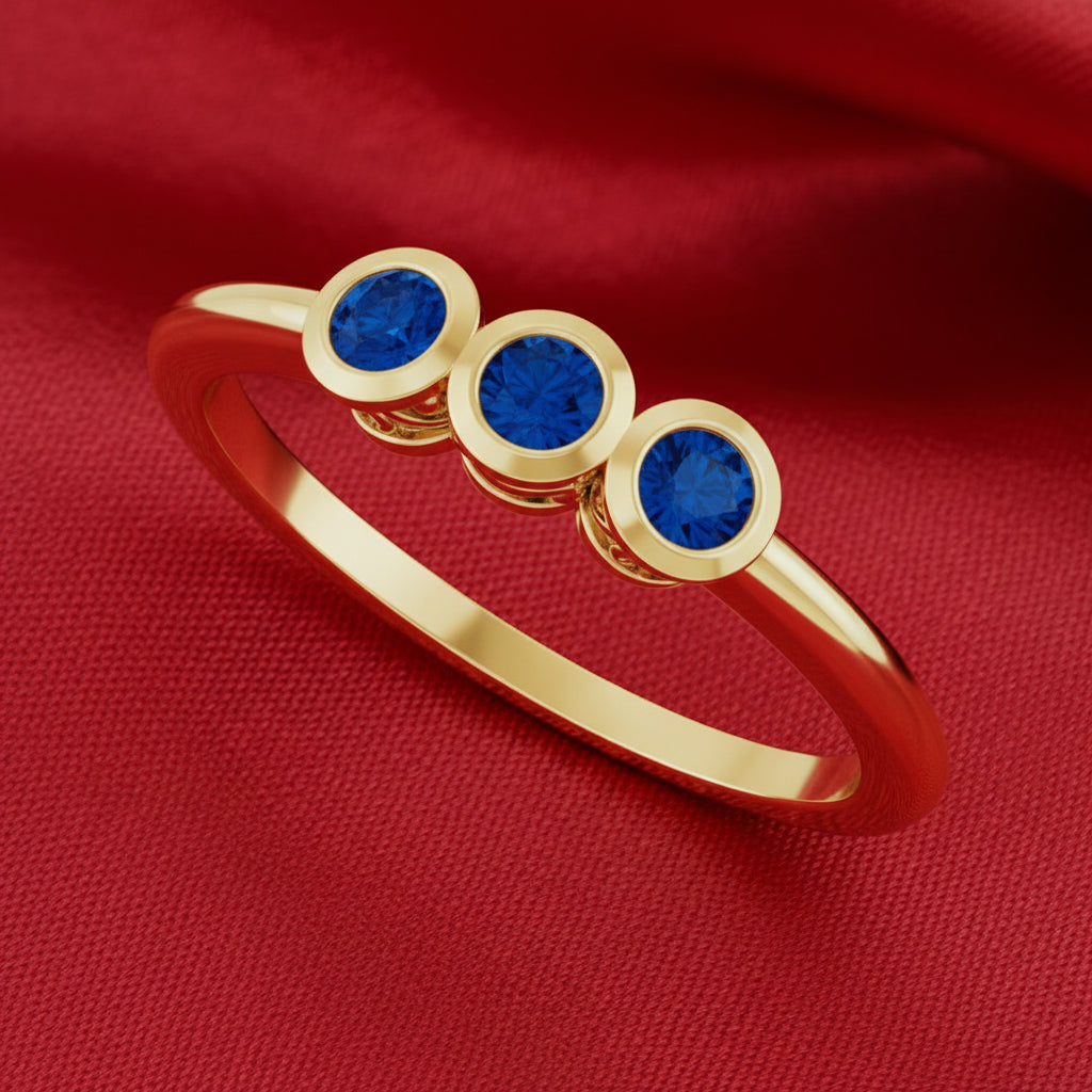 14K Yellow Blue Sapphire Three-Stone Ring