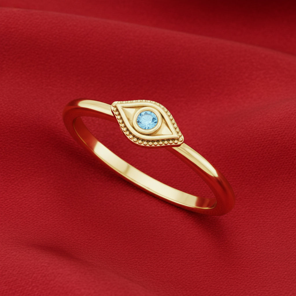 14K Yellow Natural Aquamarine Stackable Evil Eye Ring