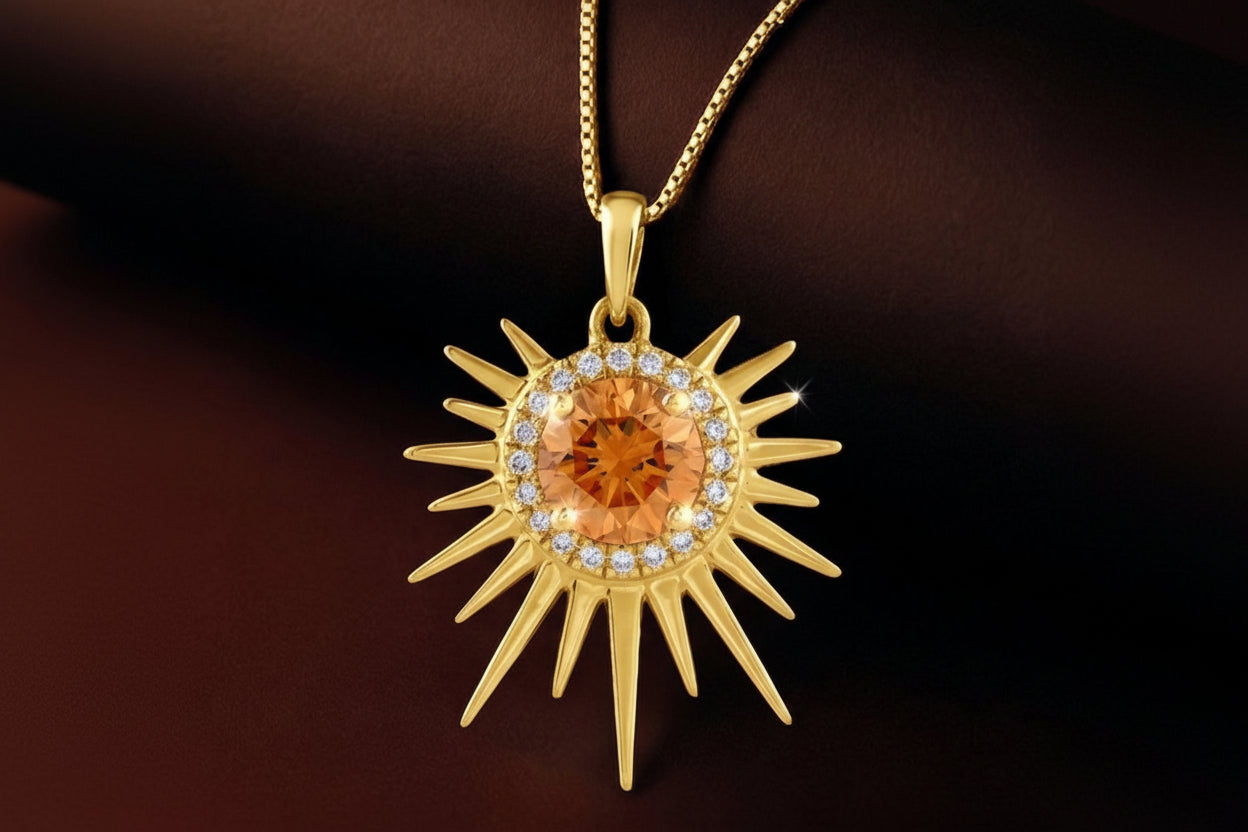 14K Yellow Gold Natural Citrine & 1/10 CTW Natural Diamond Halo-Style Sun Charm/Pendant