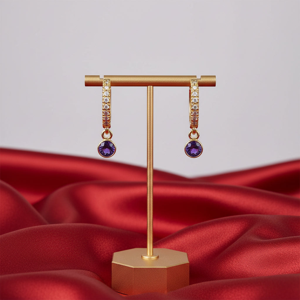 14K Yellow  Amethyst & Diamond French-Set  Hoop Earrings