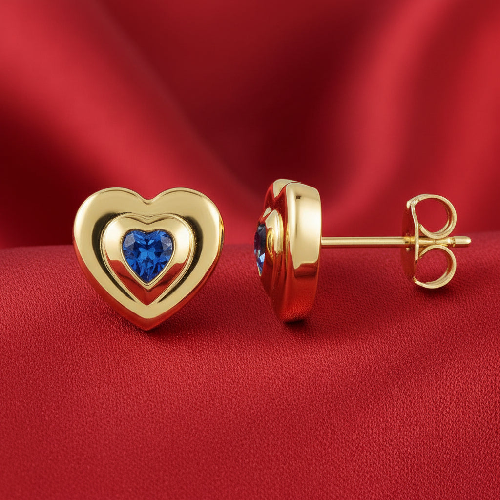 14K Yellow Heart  Blue Sapphire Stud Earrings