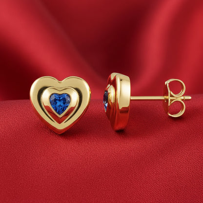 14K Yellow Heart  Blue Sapphire Stud Earrings
