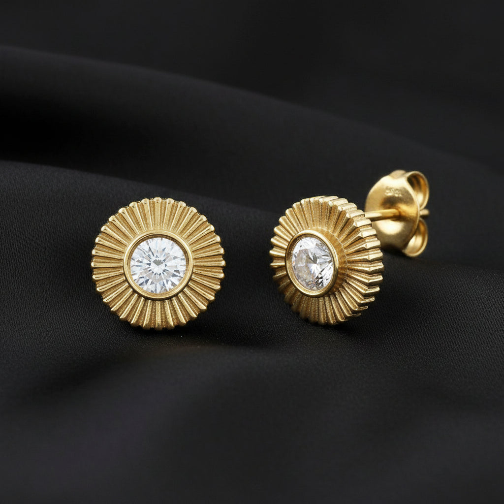 14K Yellow  Diamond Starburst Stud Earrings