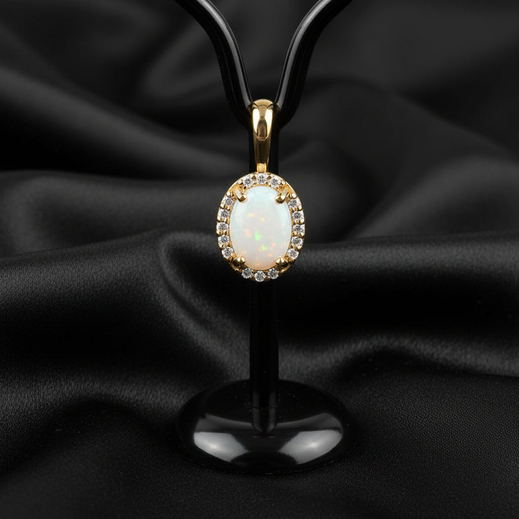 14K Yellow  White Opal &  Diamond Halo-Style Pendant
