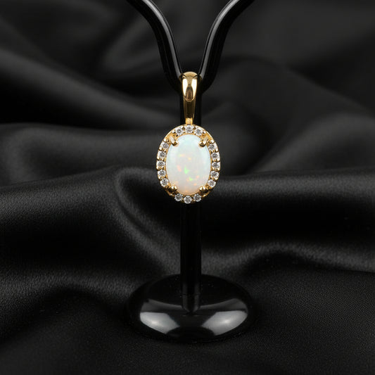 14K Yellow  White Opal &  Diamond Halo-Style Pendant