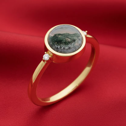 14K Yellow Natural Moss Agate & Diamond Ring