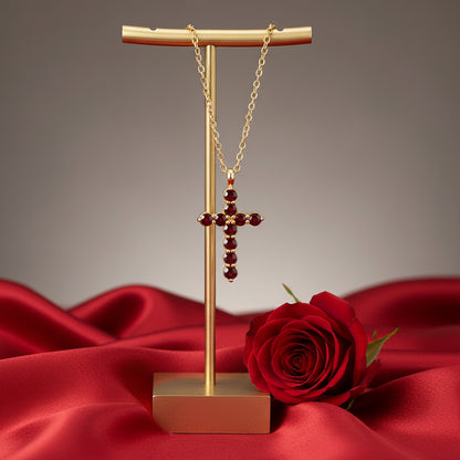 14K Yellow  Mozambique Garnet Cross 16-18" Necklace