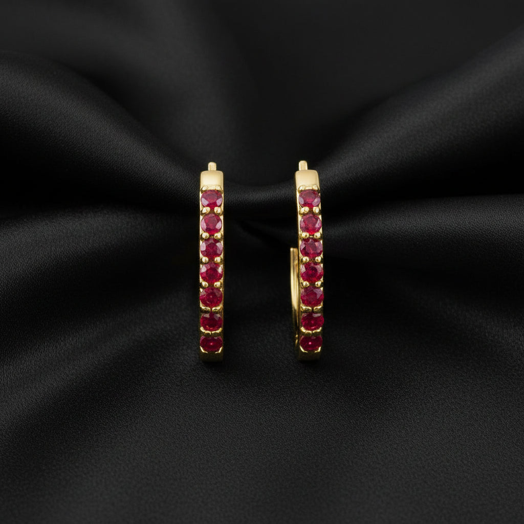 14K Yellow  Ruby Hoop Earrings