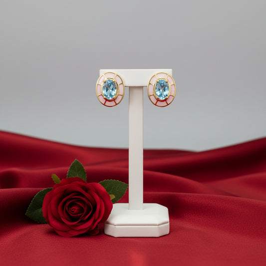 14K Yellow  Sky Blue Topaz & White Enamel Stud Earrings