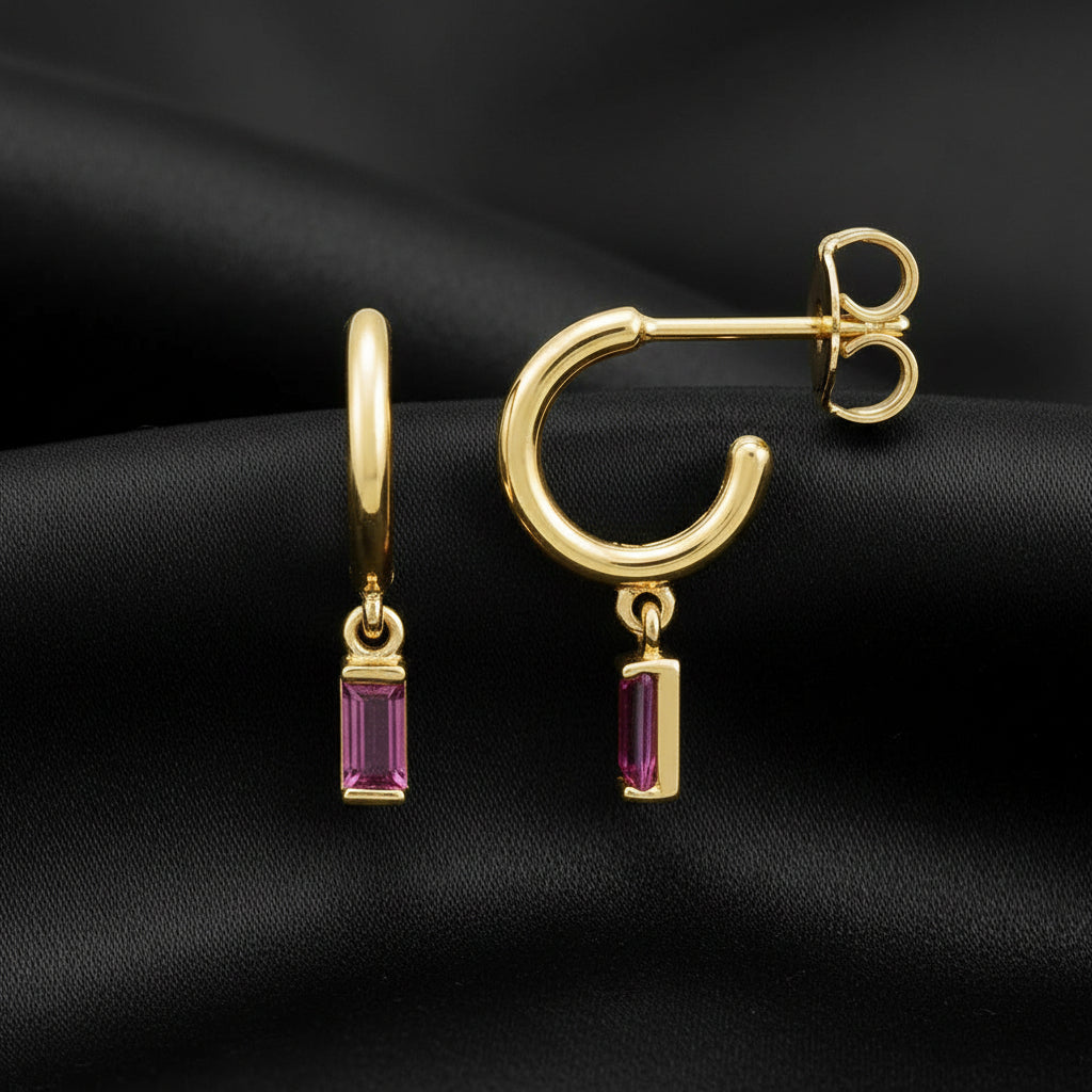 14K Yellow  Pink Tourmaline  Hoop Earrings