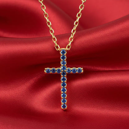 14K Yellow Natural Blue Sapphire Petite Cross 16" Necklace