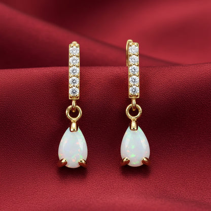 14K Yellow Natural White Opal & Natural Diamond Earrings