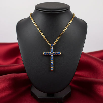14K Yellow Natural Blue Sapphire Petite Cross 16" Necklace