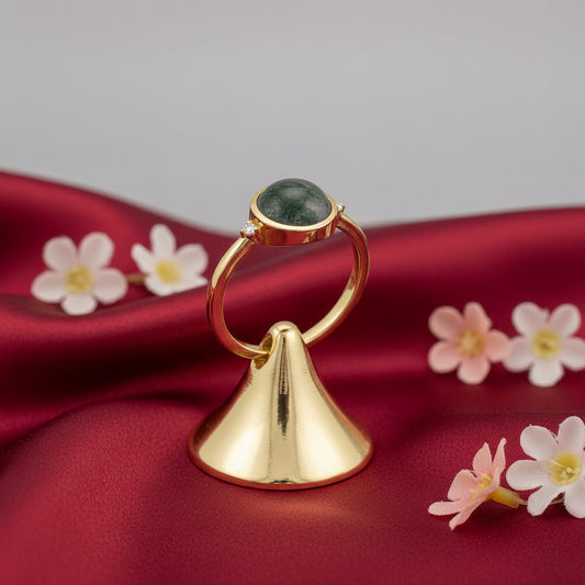 14K Yellow Natural Moss Agate & Diamond Ring