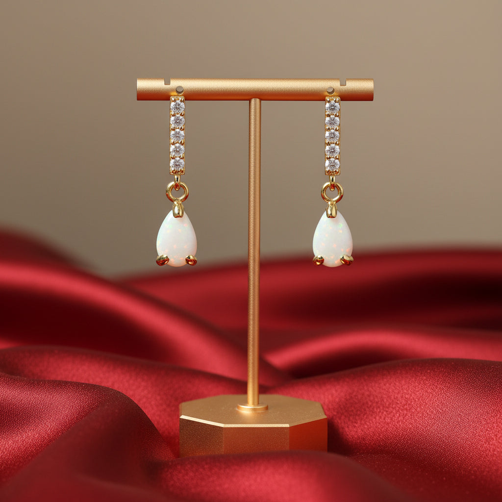 14K Yellow Natural White Opal & Natural Diamond Earrings
