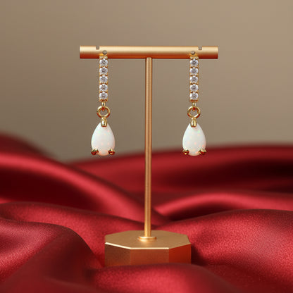14K Yellow Natural White Opal & Natural Diamond Earrings