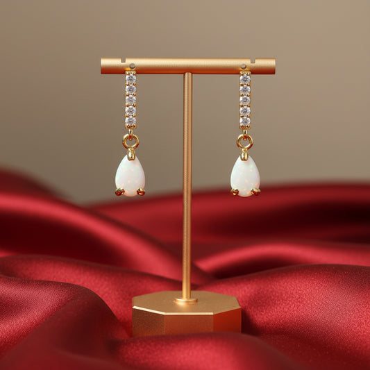 14K Yellow Natural White Opal & Natural Diamond Earrings