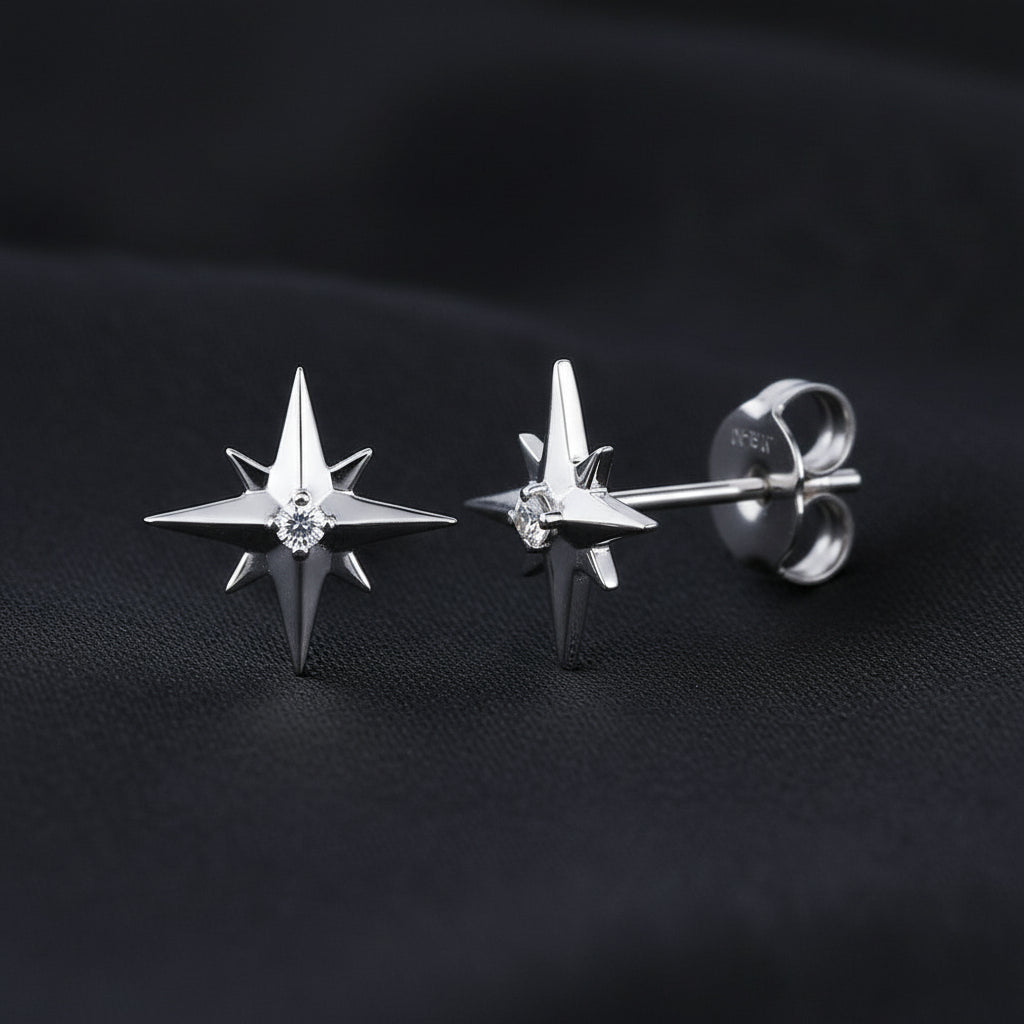 14K White Natural Diamond Star Earrings