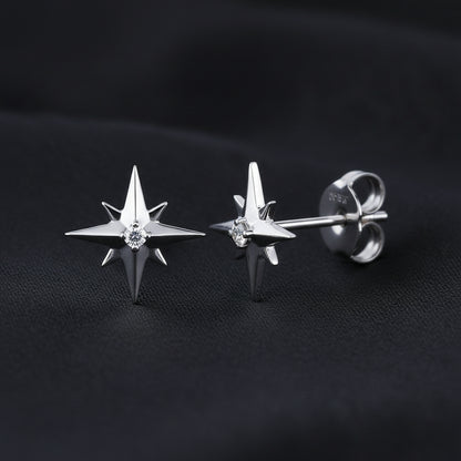 14K White Natural Diamond Star Earrings