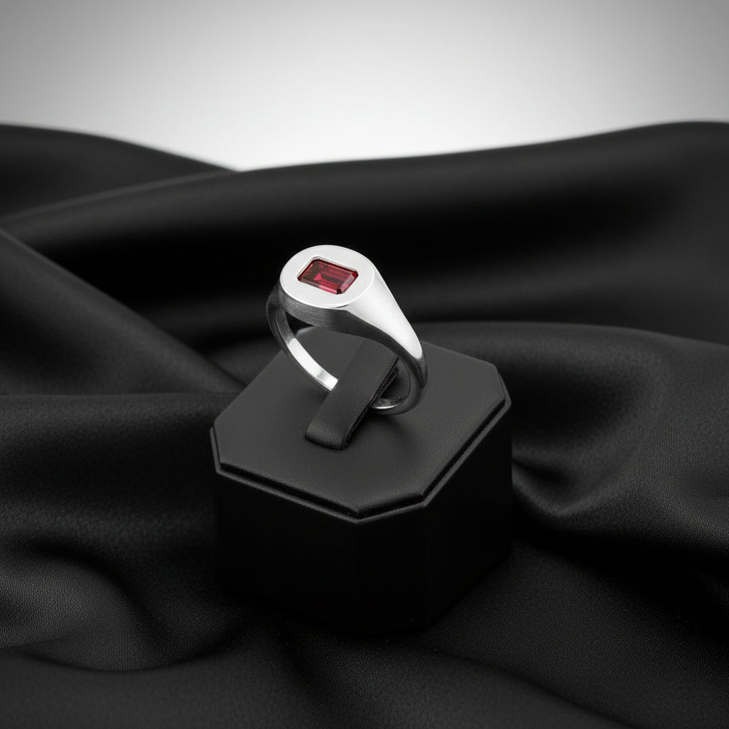 14K White  Mozambique Garnet Signet Ring