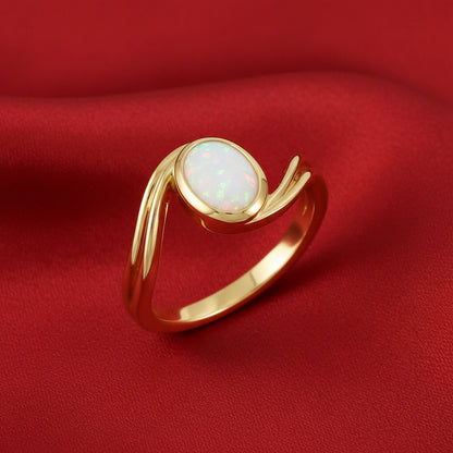 14K Yellow  White Opal Cabochon Ring