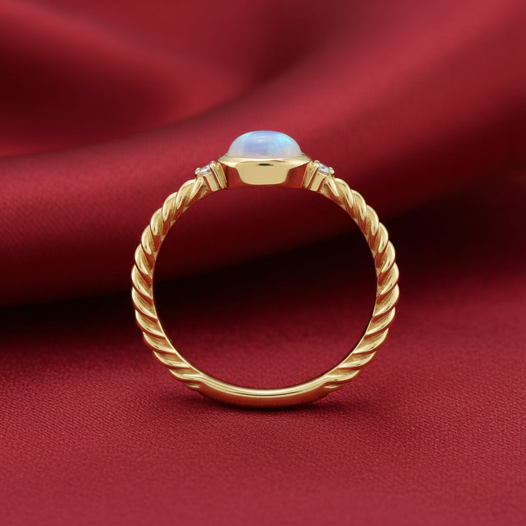 14K Yellow  White Opal & Diamond Cabochon Ring