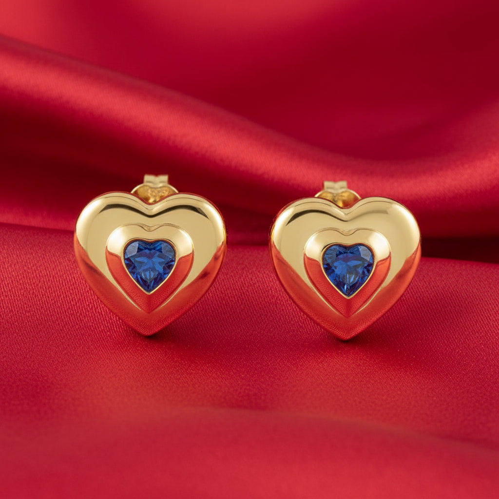 14K Yellow Heart  Blue Sapphire Stud Earrings
