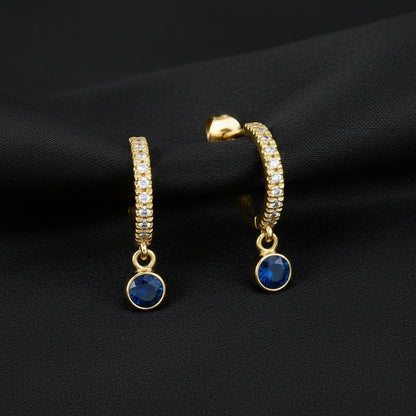 14K Yellow  Blue Sapphire &  Diamond French-Set  Hoop Earrings