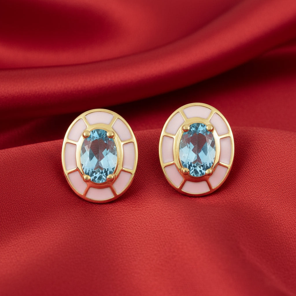 14K Yellow  Sky Blue Topaz & White Enamel Stud Earrings