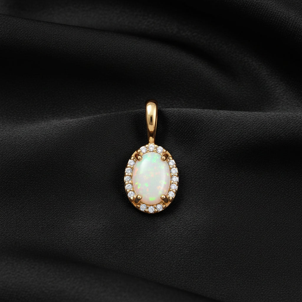 14K Yellow  White Opal &  Diamond Halo-Style Pendant