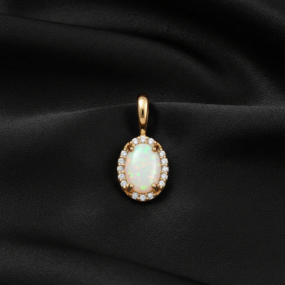 14K Yellow  White Opal &  Diamond Halo-Style Pendant