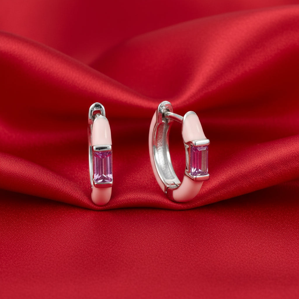 14K White Pink Tourmaline & Pink Enamel Hinged Hoop Earrings