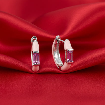 14K White Pink Tourmaline & Pink Enamel Hinged Hoop Earrings