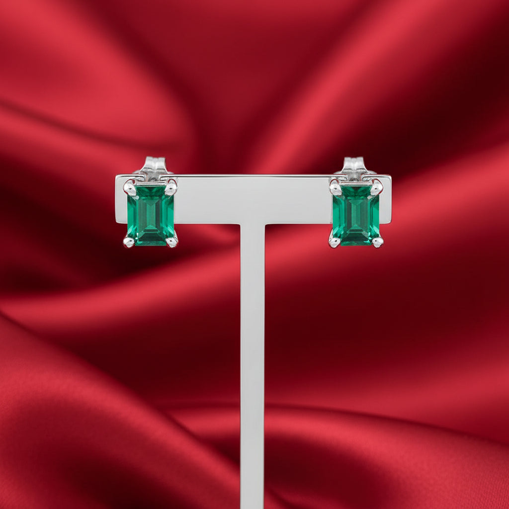 14K White  Emerald Stud Earrings