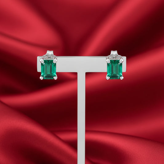 14K White  Emerald Stud Earrings