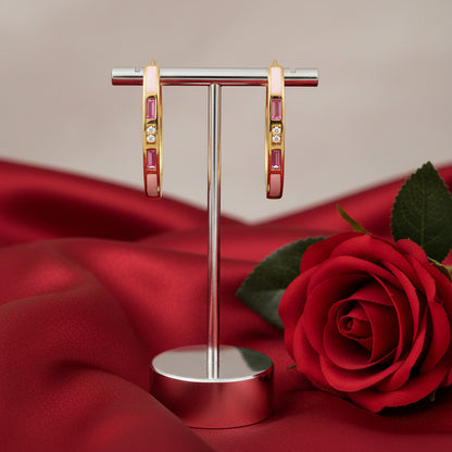 14K Yellow  Pink Tourmaline & Diamond Hoop Earrings