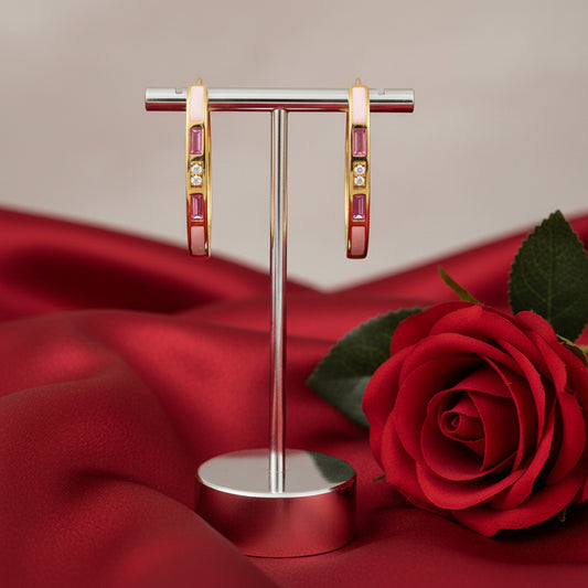 14K Yellow  Pink Tourmaline & Diamond Hoop Earrings