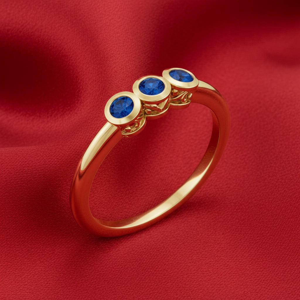 14K Yellow Blue Sapphire Three-Stone Ring