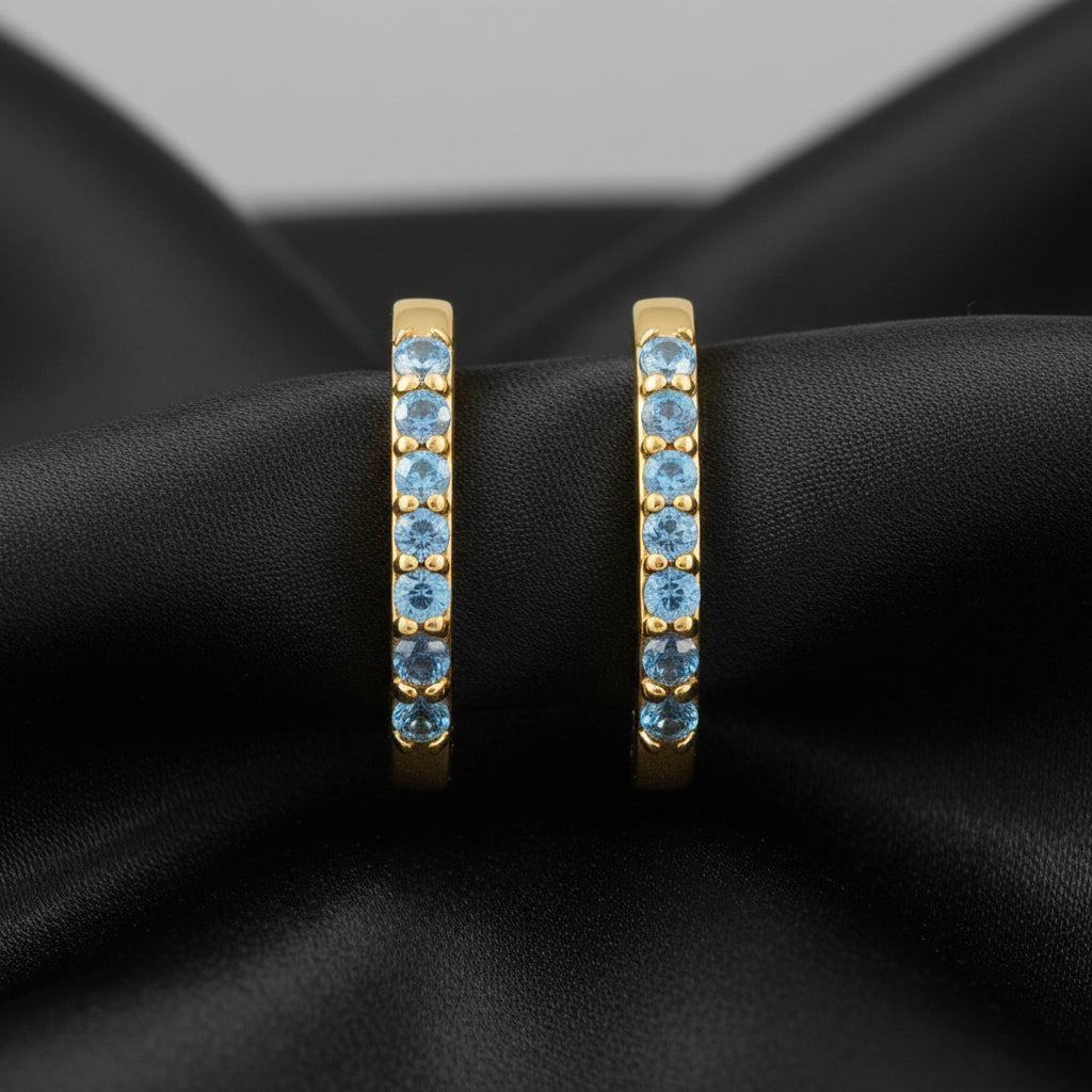 14K Yellow Natural London Blue Topaz Hoop Earrings