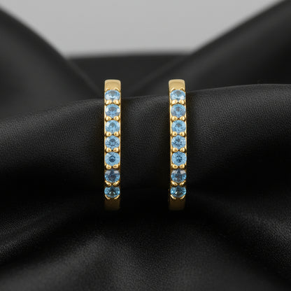 14K Yellow Natural London Blue Topaz Hoop Earrings