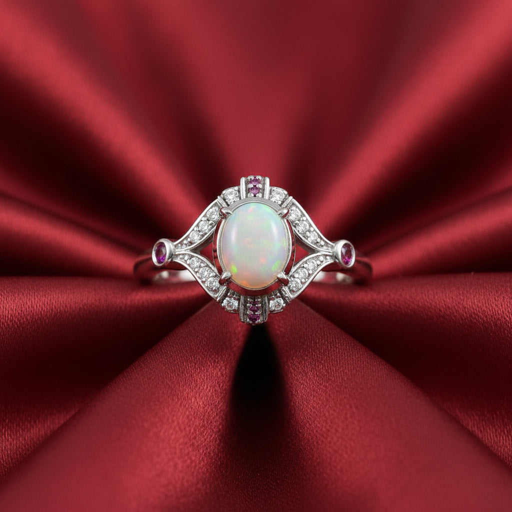 14K White  Ethiopian Opal , Pink  Sapphire  & Diamond Cabochon Ring
