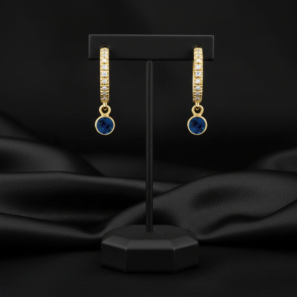 14K Yellow  Blue Sapphire &  Diamond French-Set  Hoop Earrings