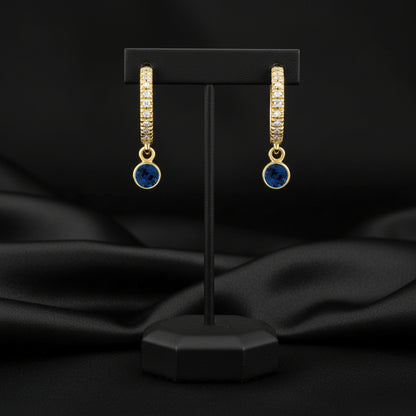 14K Yellow  Blue Sapphire &  Diamond French-Set  Hoop Earrings